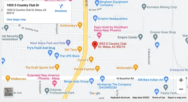 Map showing location at 1855 S Country Club Dr, Mesa, AZ